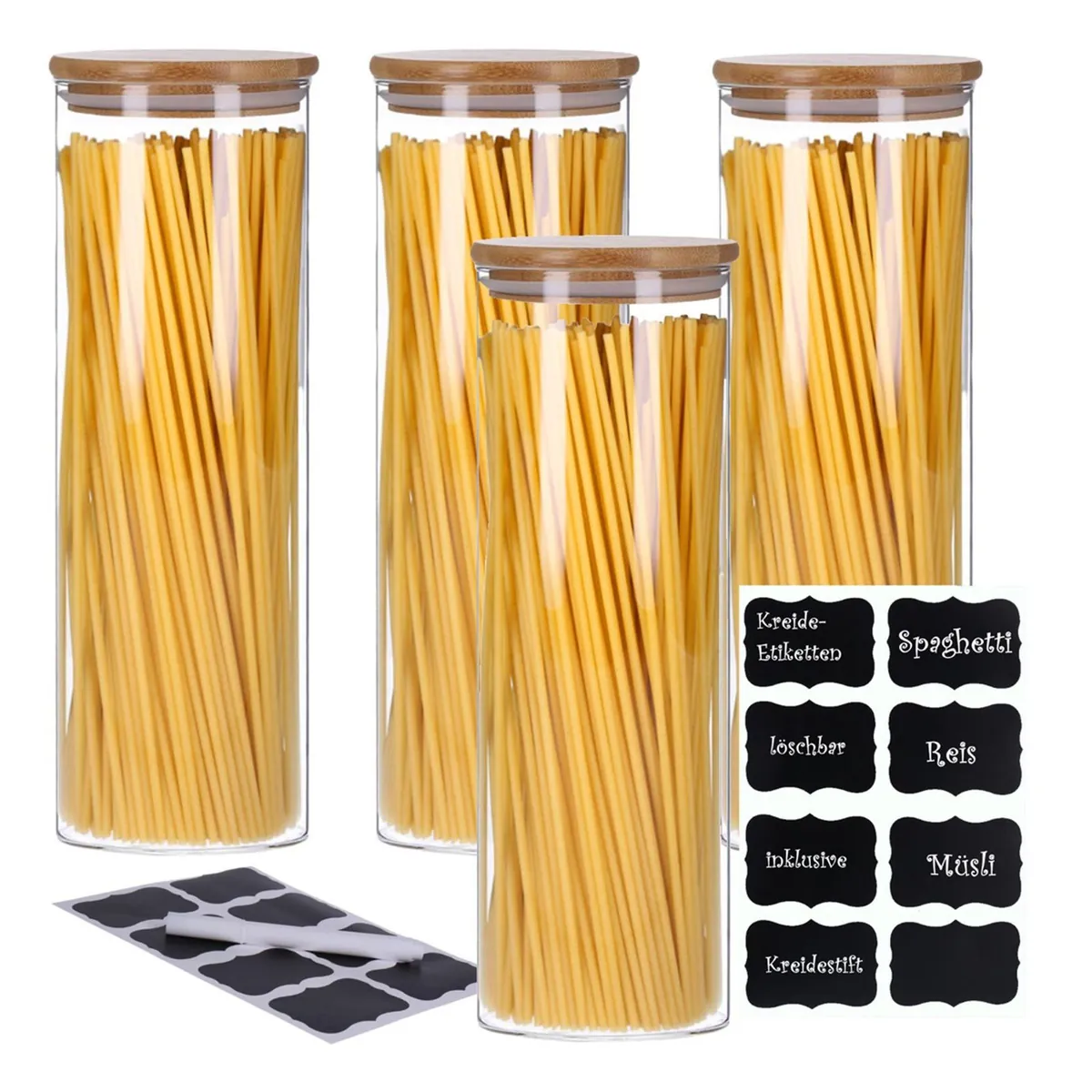 TP Vorratsgläser 4er Set mit Bambus Deckel, luftdichte Behälter inkl. Etiketten, 4 x 2200 ml