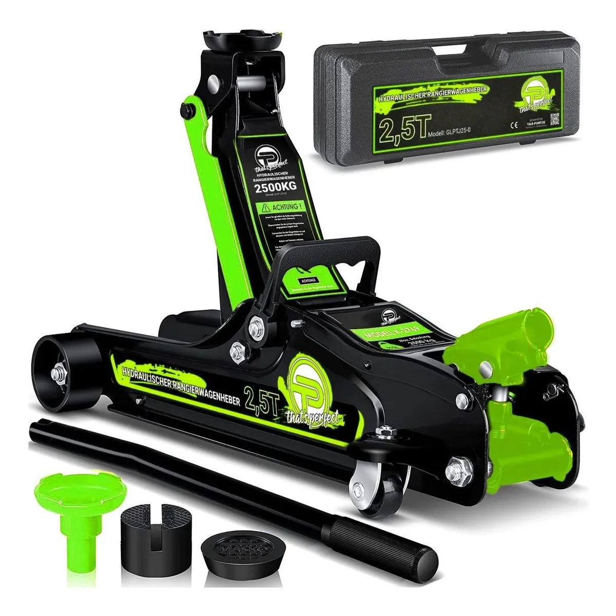 TP Hydraulischer KFZ-Rangierwagenheber 2,5t Koffer, SUV-Adapter und 2x Gummiauflage Grün