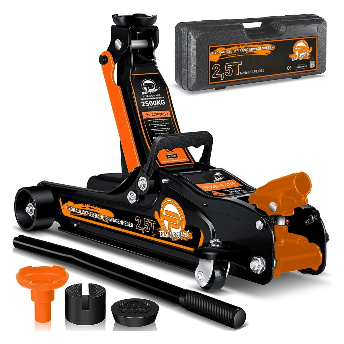 TP Hydraulischer KFZ-Rangierwagenheber 2,5t Koffer, SUV-Adapter und 2x Gummiauflage Orange