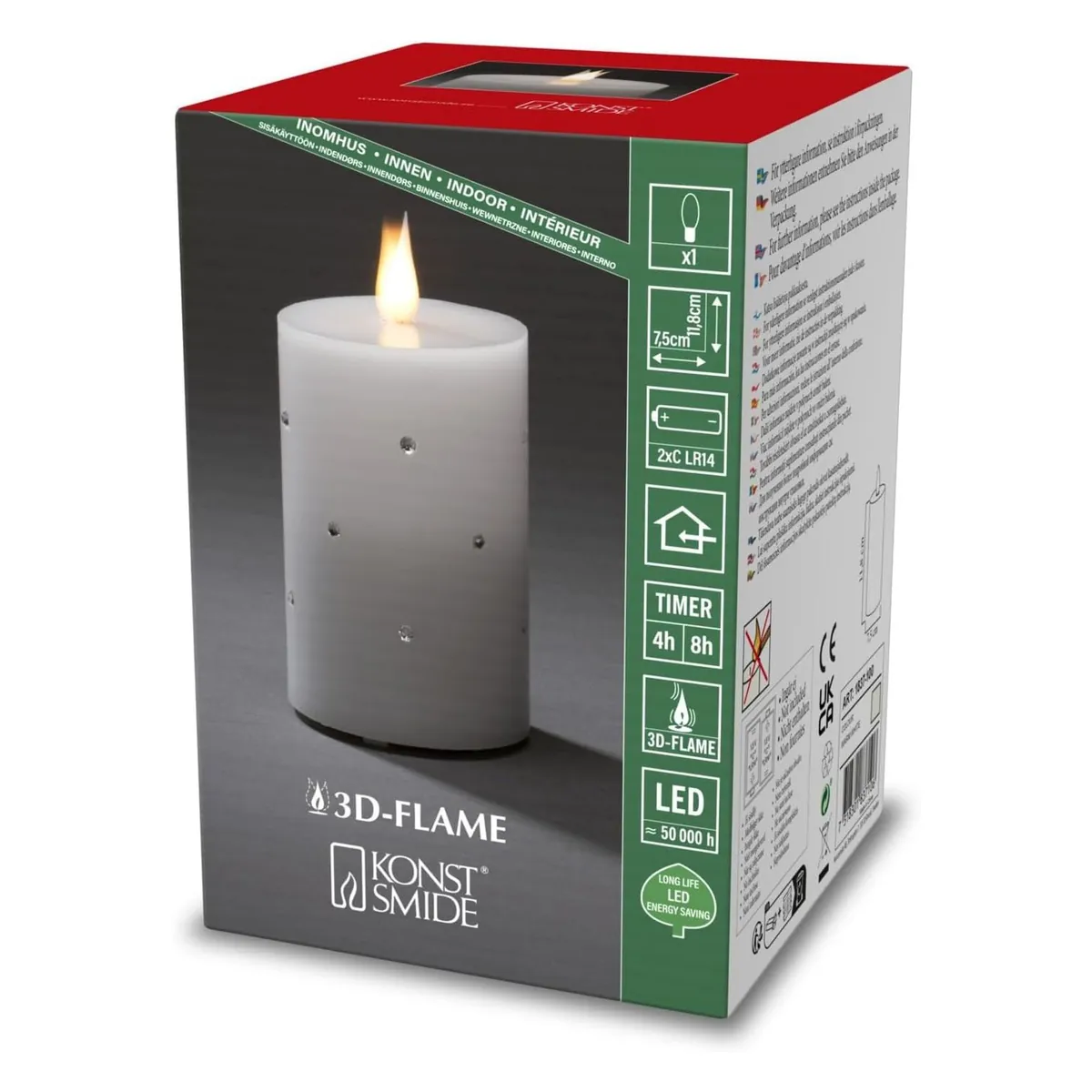Konstsmide LED Echtwachskerze weiß mit 3D Flamme Kristallen batteriebetrieben