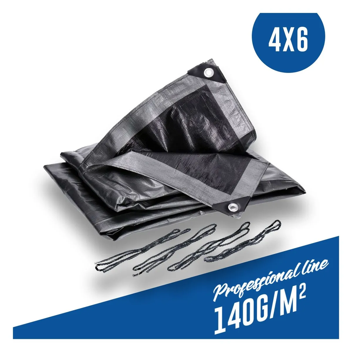 Abdeckplane, Gewebeplane 140g/m² silber inkl. 4x Befestigungsseil, mit Ecken- und Randverstärkung 4 x 6 Meter