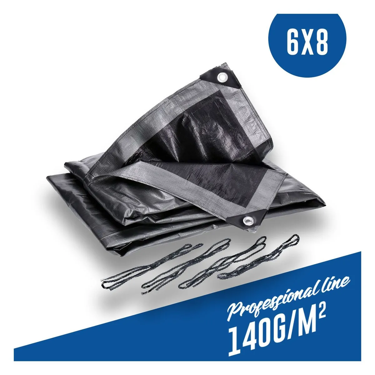 Abdeckplane, Gewebeplane 140g/m² silber inkl. 4x Befestigungsseil, mit Ecken- und Randverstärkung 6 x 8 Meter