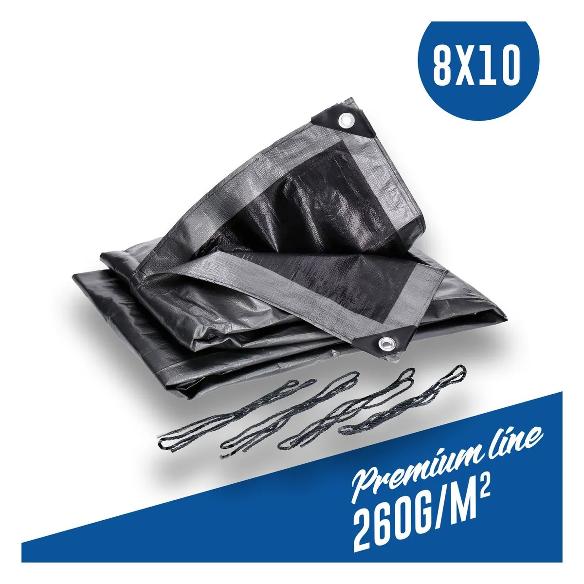 Abdeckplane, Gewebeplane 260g/m² silber inkl. 4x Befestigungsseil, mit Ecken- und Randverstärkung 8 x 10 Meter