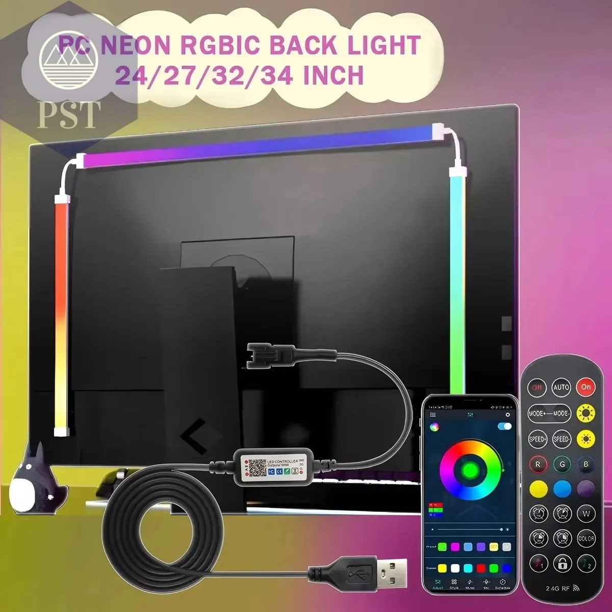 24-34inch Monitor LED RGBIC Gaming Neon Backlight App Control USB Powered 5V LED Light for PC Music Sync Lighting for Computer