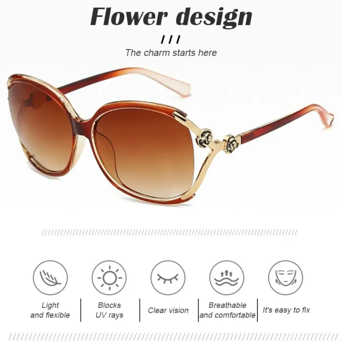 Designer Damen Sonnenbrille Stylisch mit Blumen Brille Cool Braun Gold 5250