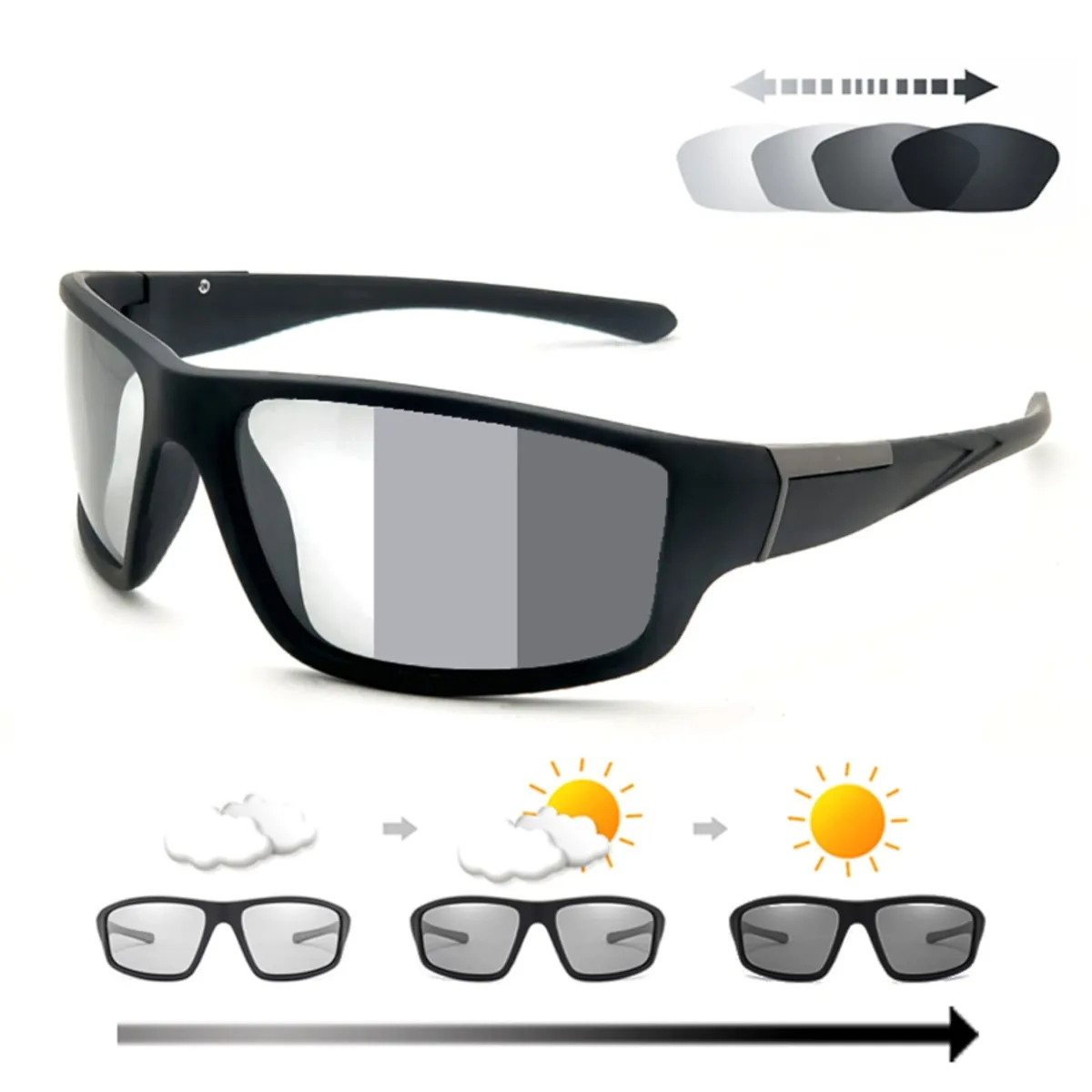 Stylische Sonnenbrille Polarisiert Photochromic Gläser Matt Schwarz 1250