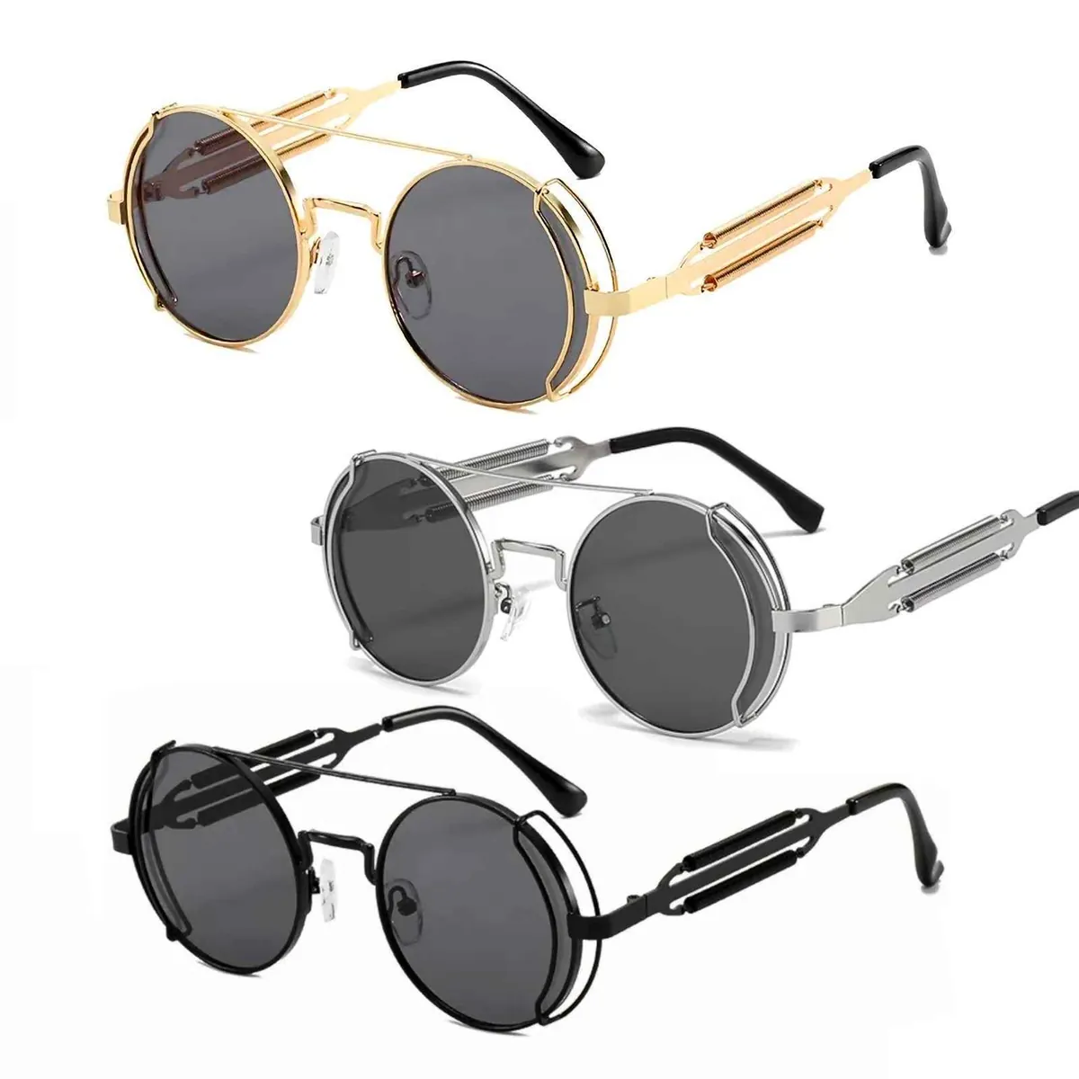 Vintage supercoole Retro Sonnenbrille Steampunk Rund Metall Schwarz UV400, 5315