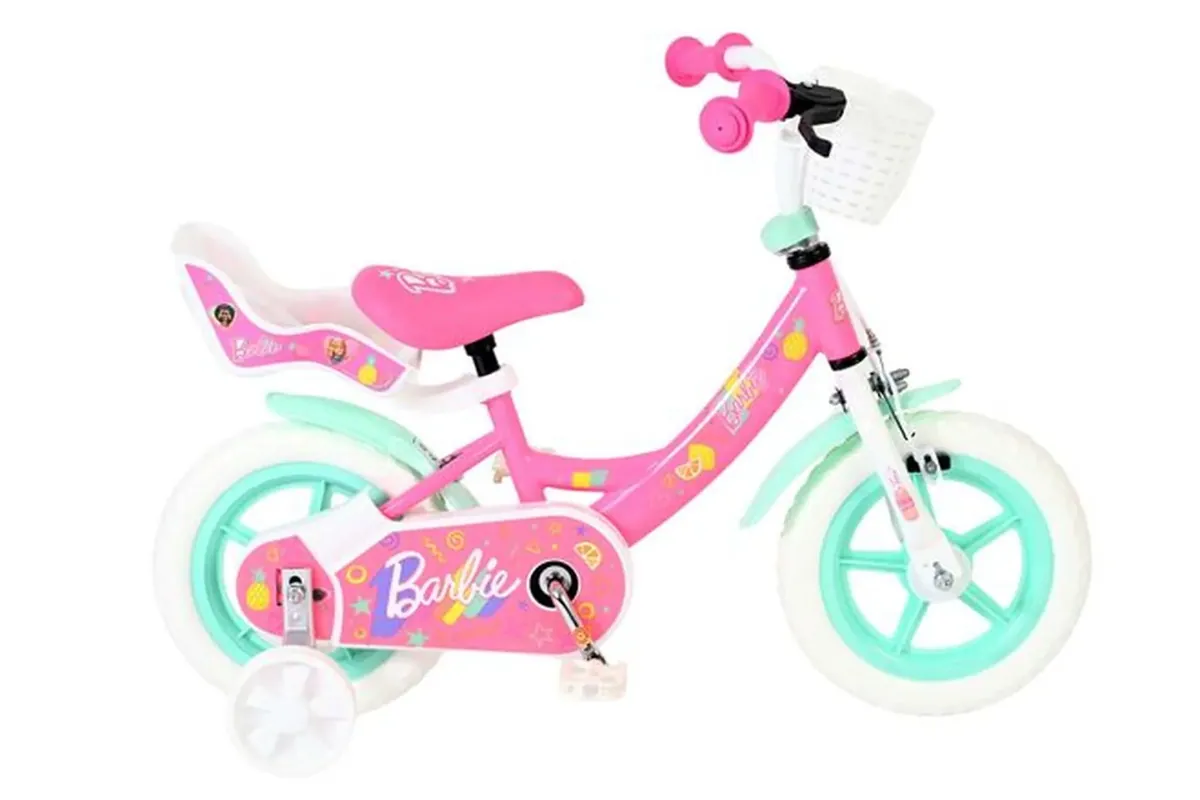 Volare Barbie Kinderfahrrad Mädchen 12 Zoll Rosa mit Mag-Felgen, Stützrädern, Handbremse und Puppensitz