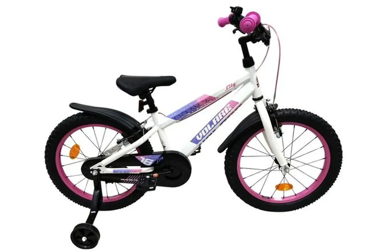 Volare Lily Kinderfahrrad 18 Zoll für Mädchen in Weiß mit Rosa und Lila, zwei Handbremsen