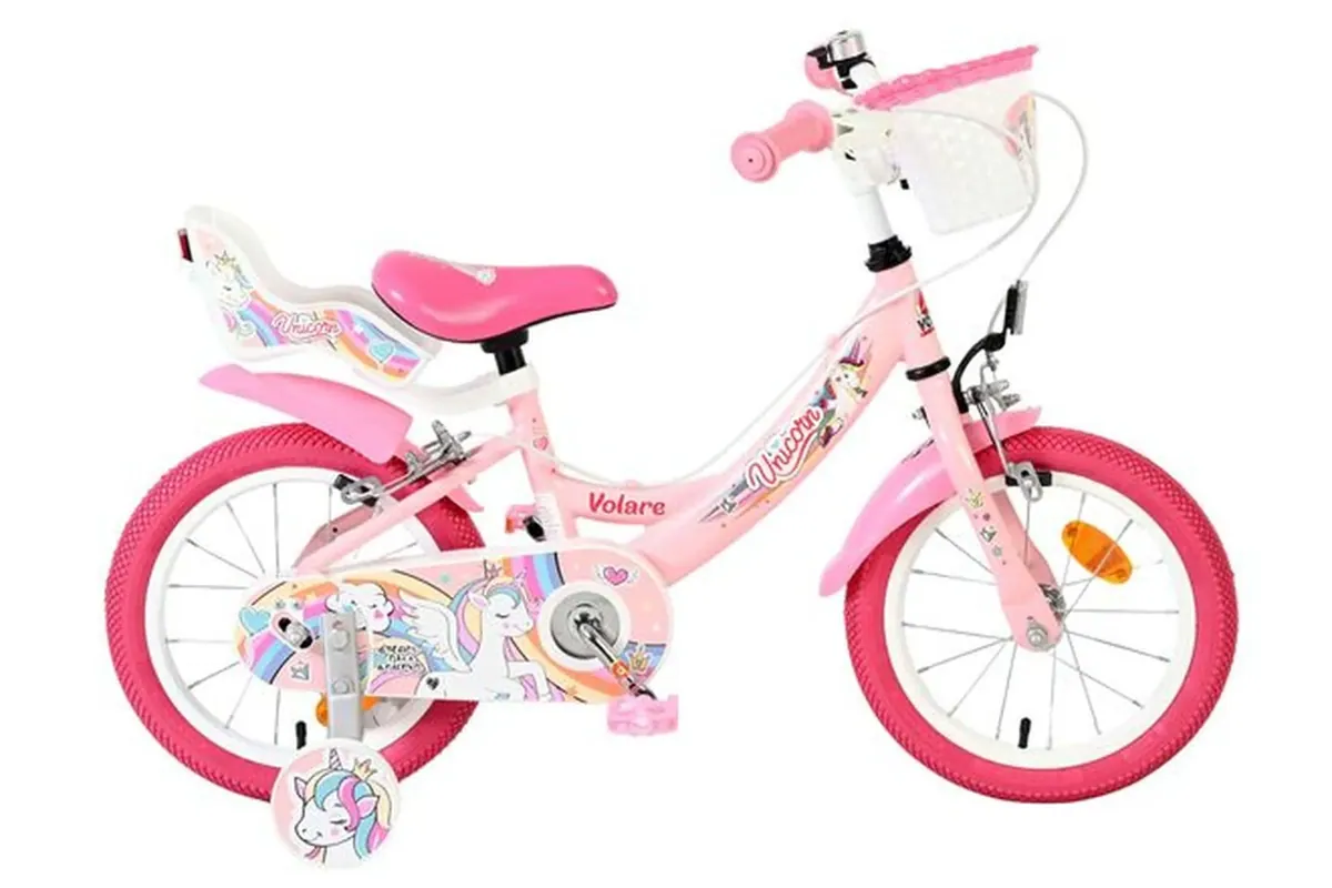 Volare Unicorn Kinderfahrrad Mädchen 14 Zoll Rosa mit zwei Handbremsen und Stützrädern