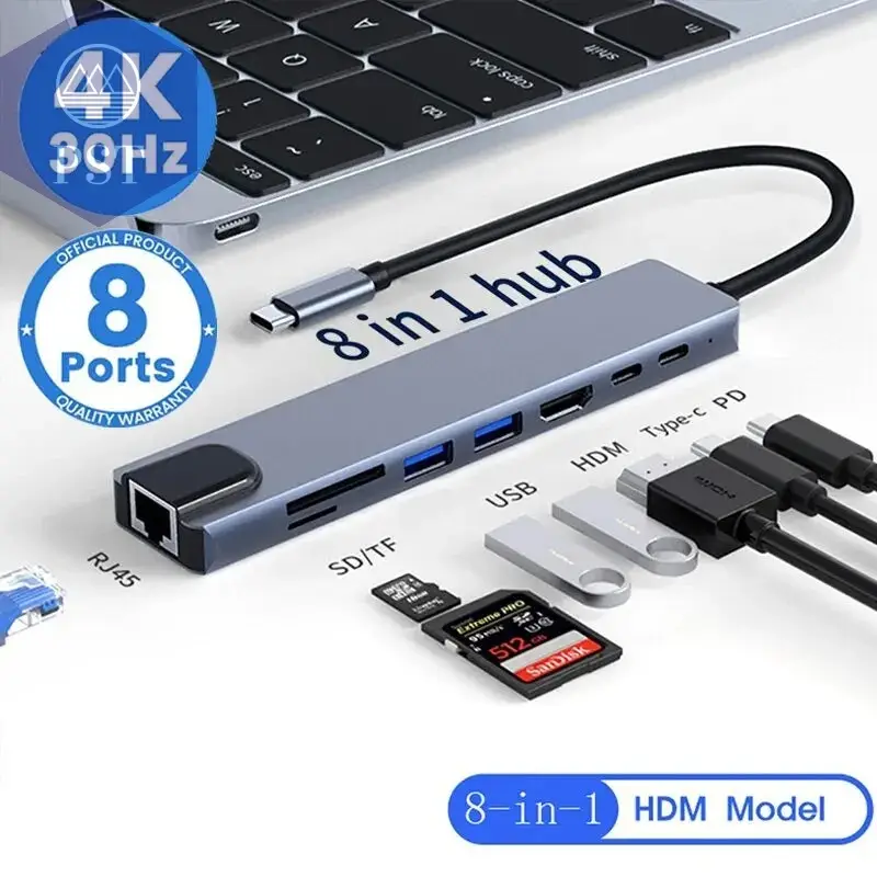 8in1 USB C HUB 4K Thunderbolt 3 Docking Station