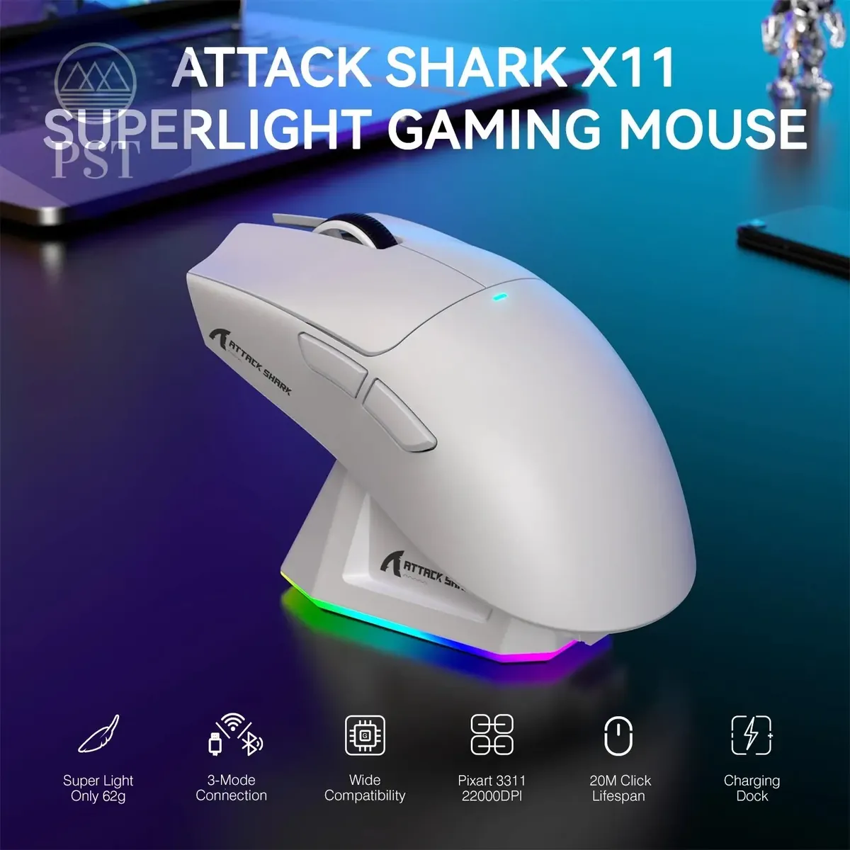 ATTACK SHARK X11 Lightweight Wireless Gaming Mouse with RGB Backlight Charging, Up to 22K DPI, PAW3311 Optical Sensor, HUYU Swit