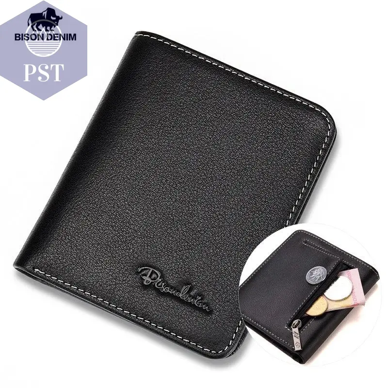 BISON DENIM Men Wallets Black Genuine Leather Purse For Men Business Card Holder Men's Wallet Mini N4429