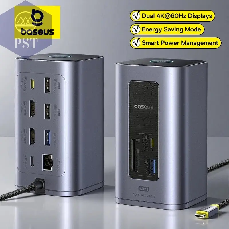 Baseus 12-in-1 USB C HUB to HDMI 4K@60Hz Dual Display USB 3.2 Adapter with RJ45 SD TF PD 100W Docking Station for Window Mac Hub