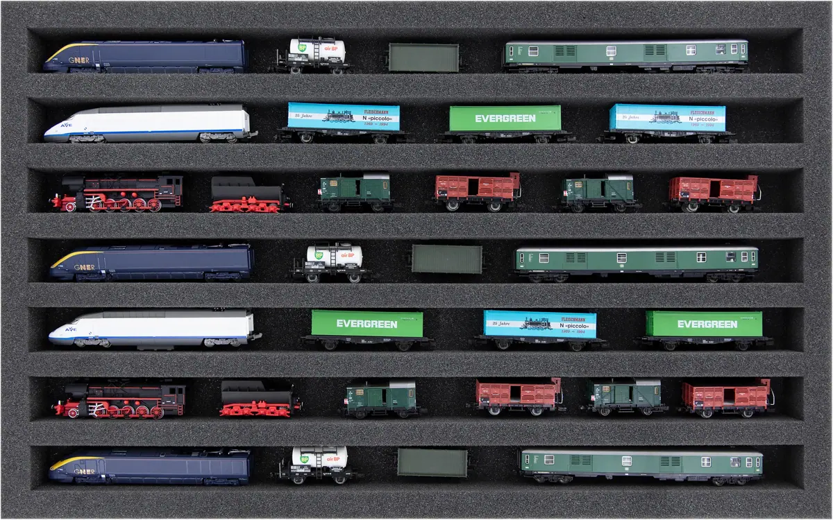 DS035A001 Foam inlay N Gauge - horizontal - 7 slots for model railway locomotives, wagons and vehicles