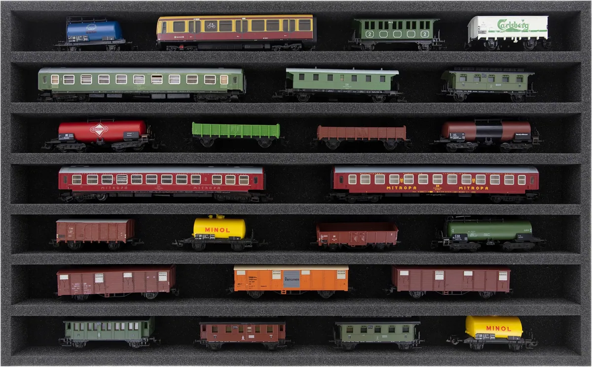 DS040A001 foam inlay TT Gauge - horizontal - 7 slots for model railway locomotives, wagons and vehicles