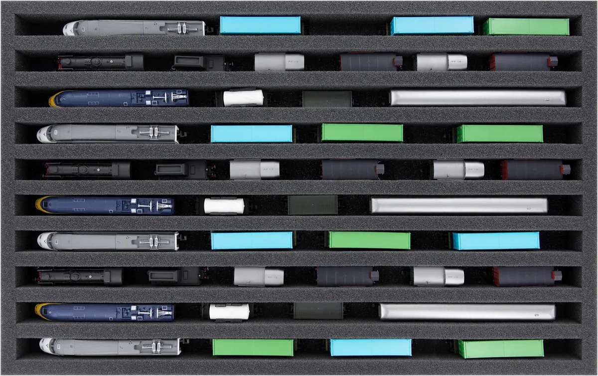 DS040A002 foam inlay N Gauge - vertical - 10 slots for model railway locomotives, wagons and vehicles