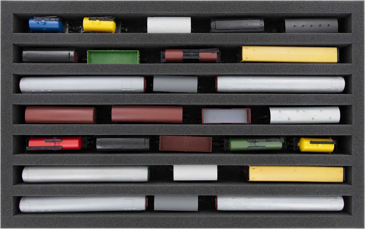 DS050A005 Foam inlay TT Gauge - vertical - 7 slots for model railway locomotives, wagons and vehicles