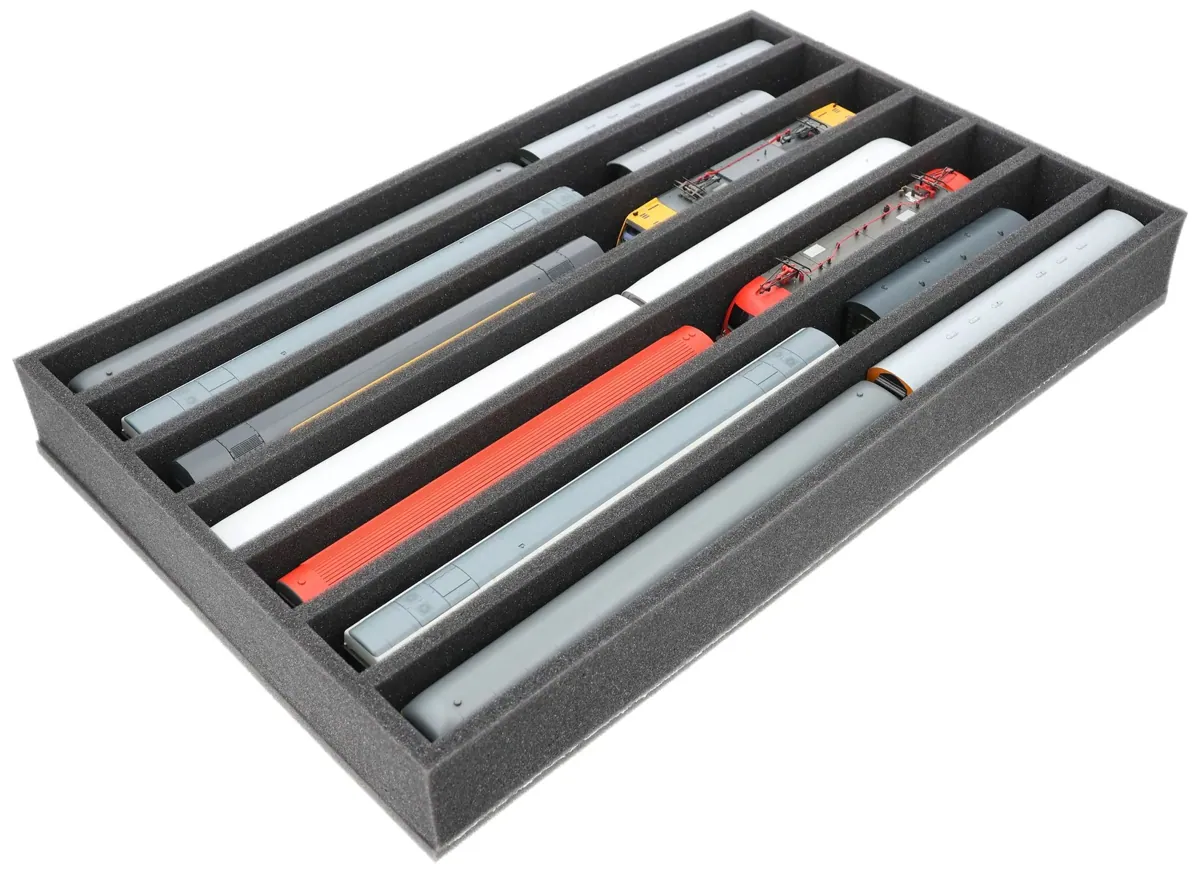DS065A001 Foam inlay H0 Gauge - vertical - 7 slots for model railway locomotives, wagons and vehicles