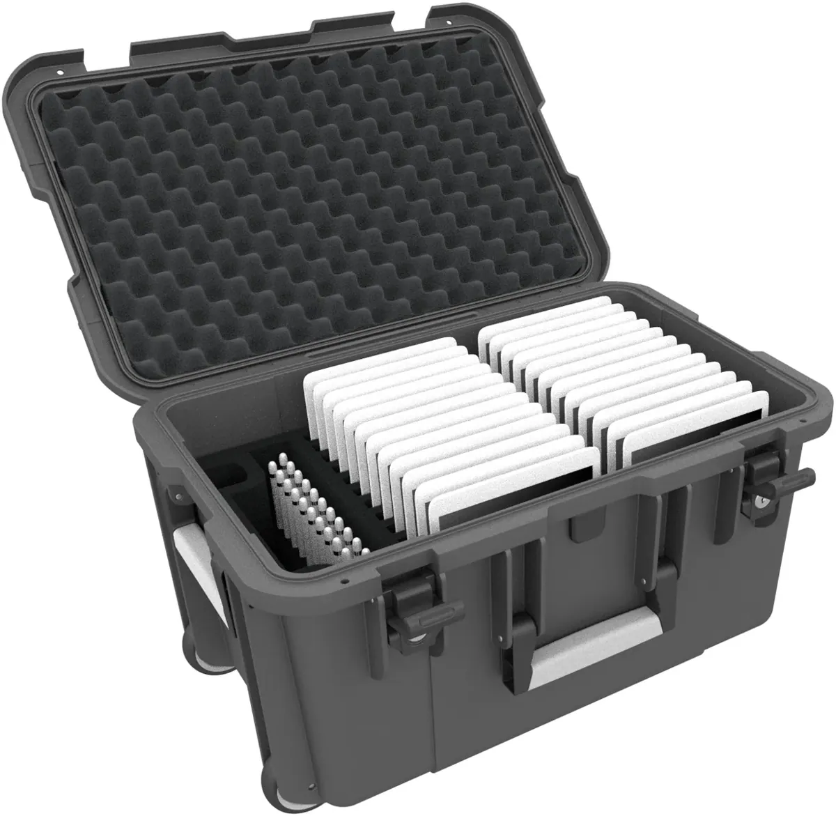 Case / Trolley for 24 tablets in thin sleeves - compartments 14 mm wide - including pencil holder - compatible with Apple iPad, Samsung Galaxy Tab A or Microsoft Surface Go - anthracite gray