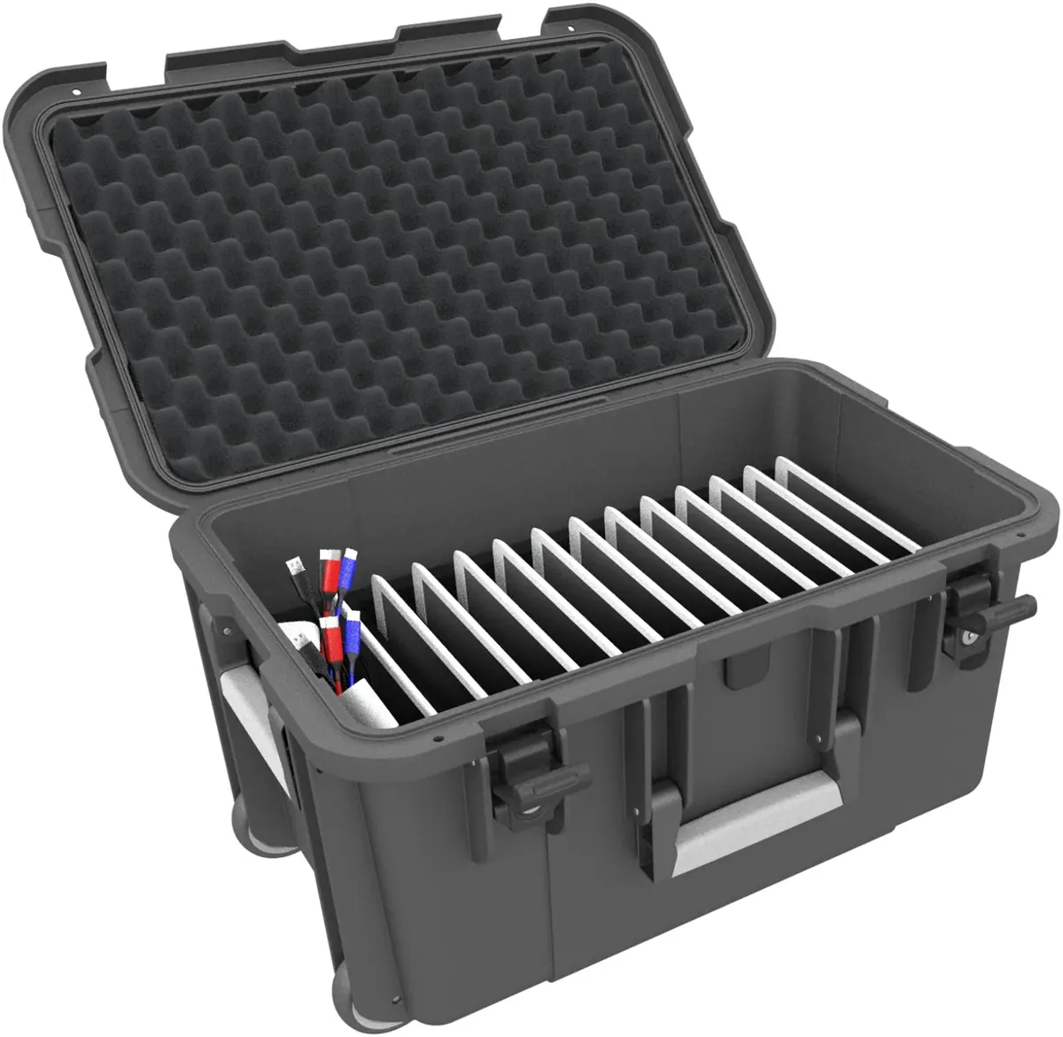 Transport Case / Trolley for 12 tablets in XL sleeves - compartments 26 mm wide - compatible with Apple iPad, Samsung Galaxy Tab A or Microsoft Surface Go