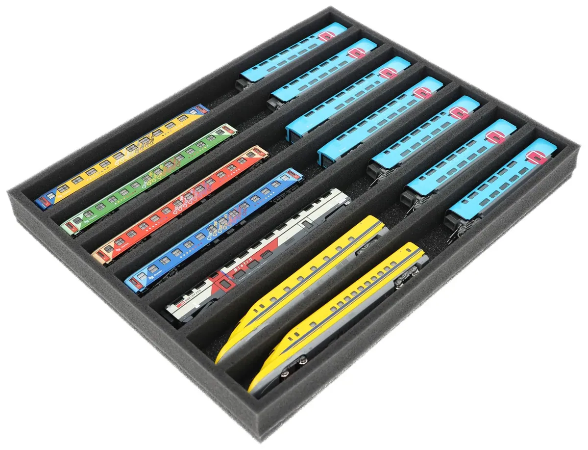 FS035A001 Foam inlay N-gauge - horizontal - 7 slots for model railway locomotives, wagons and vehicles