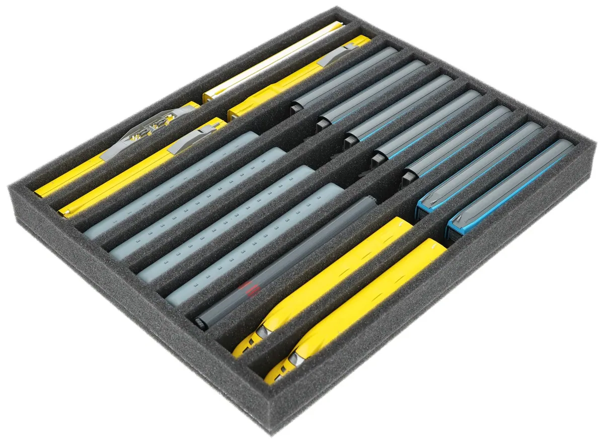 FS040A001 Foam inlay N-gauge - vertical - 9 slots for model railway locomotives, wagons and vehicles