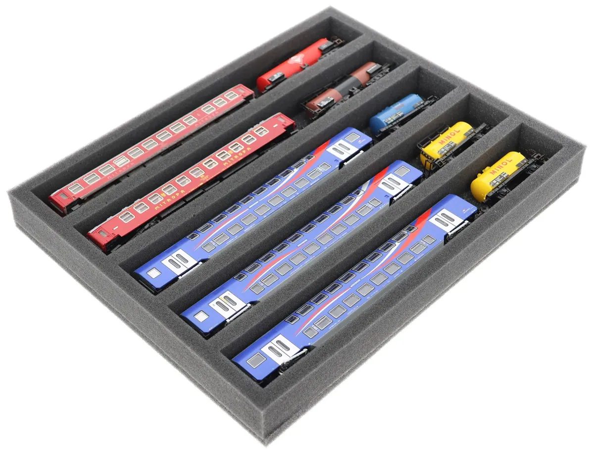 FS040A002 Foam inlay TT Scale - horizontal - 5 slots for model railway locomotives, wagons, and vehicles