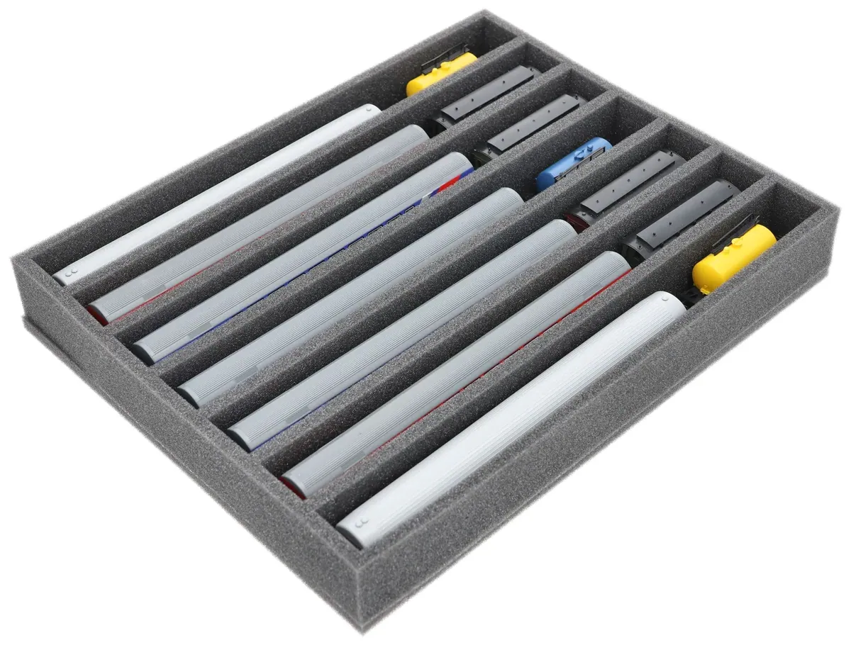 FS050A004 Foam inlay TT Scale - upright - 7 slots for model railway locomotives, wagons, and vehicles