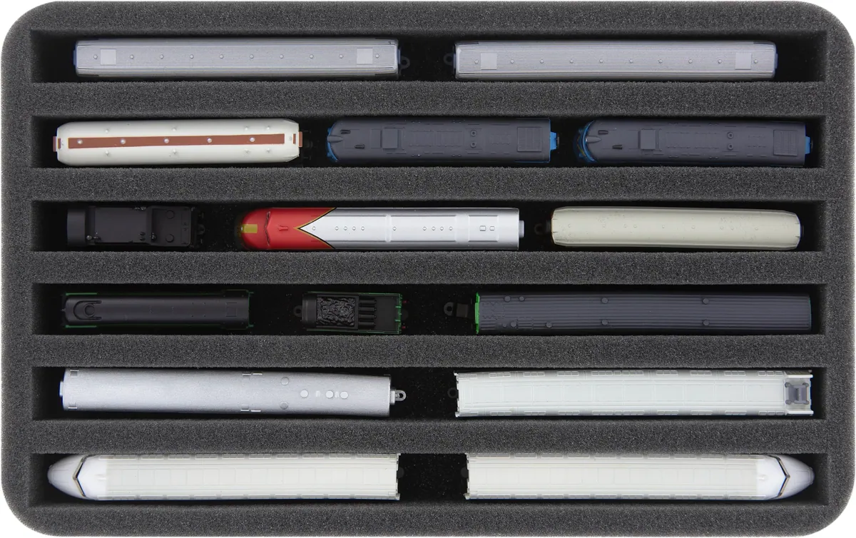 HS035A026 Foam inlay Z Gauge - vertical - 6 slots for model railway locomotives, wagons and vehicles