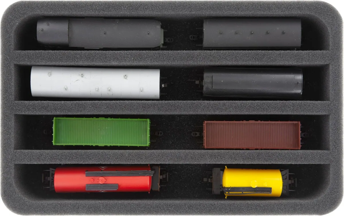 HS050A006 Foam inlay TT-gauge - vertical - 4 slots for model railway locomotives, wagons and vehicles