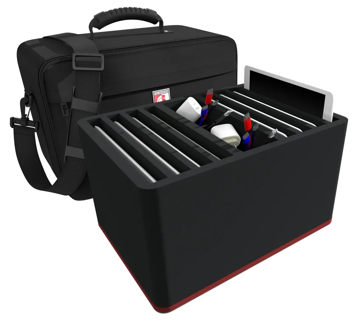 Feldherr MAXI PLUS bag for 8 tablets in thick protective sleeves - compartments 22 mm wide - compatible with Apple iPad, Samsung and Microsoft Surface Go