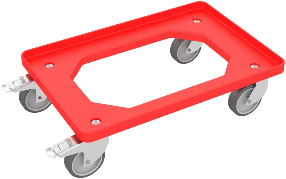 Compact trolley with rubber wheels red and wheel stop for Euro Container up to 600 mm x 400 mm