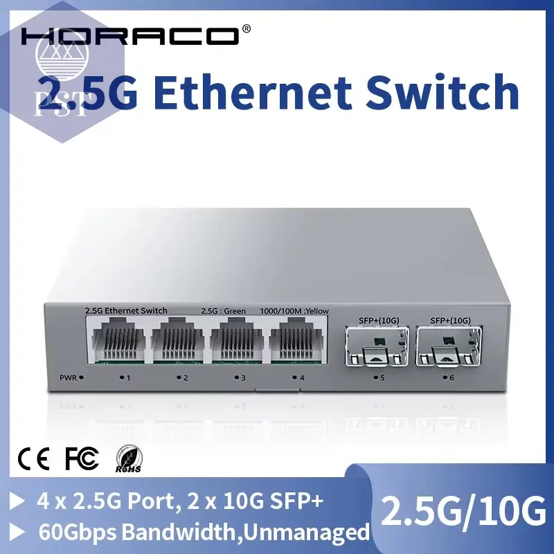 HORACO 2.5G Switch 2,5GBASE-T 4 Port 2,5G RJ45 Mit 2 Port 10G SFP+