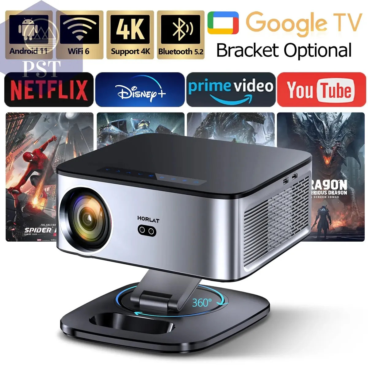 HORLAT T09MAX Google TV 4K Projector 40000Lumens WiFi6 BT5.2 Remote Auto Focus Native 1080P Full HD Home Theater Movie Projector