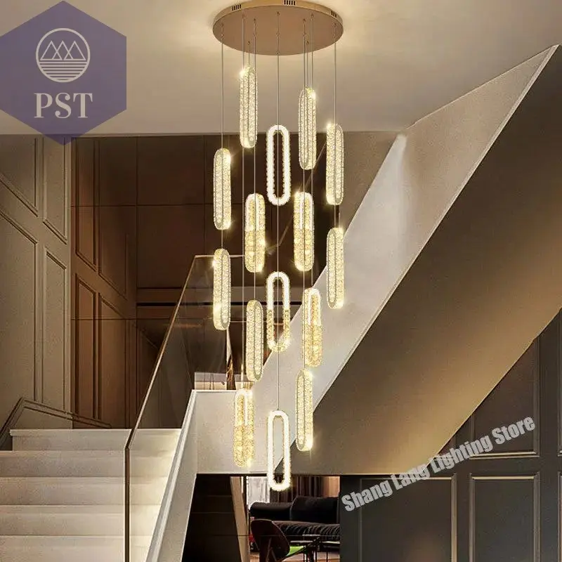 Modern Crystal LED Chandelier For Staircase Living Room Luxury Cristal Long Lighting Fixtures Gold Indoor Hanging Lamps