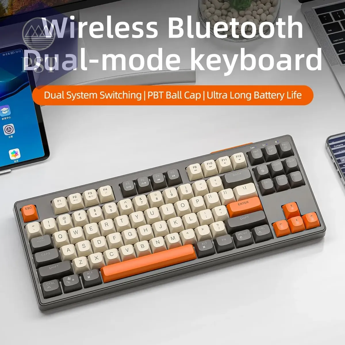 M87 Wireless Keyboard Gaming,87keys Dual Mode Bluetooth Keyboard with Rainbow-light RGB,PBT Ballcaps for Silent Office Gaming