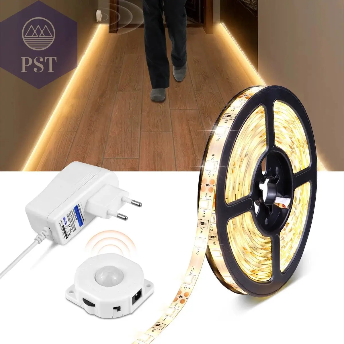 Motion Sensor LED Under Cabinet Light Bed Night Light 1M-5M LED Strip Tape Night Sensor Lamp With 110V-220V to 12V Power Adapter