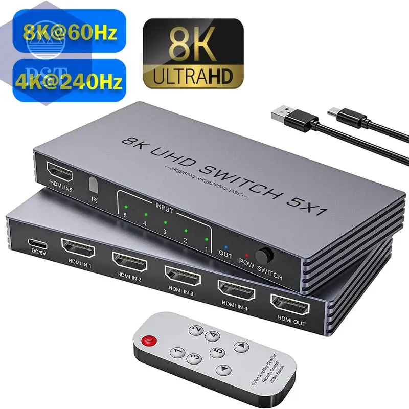 New Upgrade 8K@60Hz 4K@240Hz HDMI Switch 5 in 1 out 48Gbps Ultra HDMI Switcher Video Selector with Remote Support HDCP2.3 HDR10