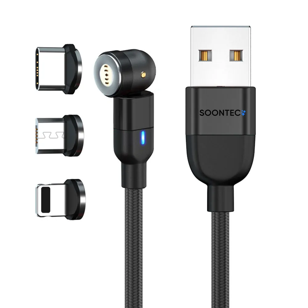 Magnet Ladekabel 3,0A Datenkabel drehbar 360° 180° 3 in 1 Stecker Micro USB/ USB-C/ Lightning