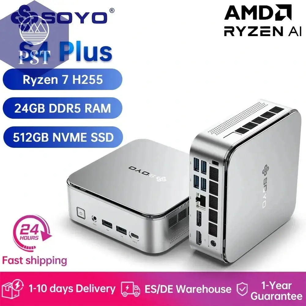 SOYO S4 Plus Mini PC AMD Ryzen 7 H255 CPU 24G DDR5 RAM (Upt 64GB)512GB SSD PCIE3.0 NVME WIFI6 BT5.2 Dual 4K@120Hz Gaming Computer