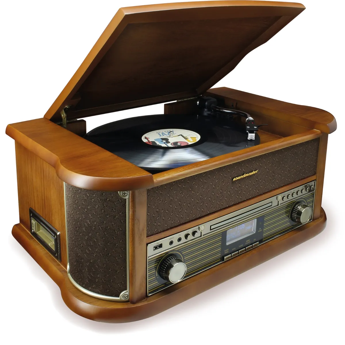 Soundmaster NR566BR 7-in-1 Nostalgie Stereoanlage Plattenspieler Audio Technica Tonabnehmer DAB+ CD-MP3 USB Kassette BT Digitalisierung Equalizer