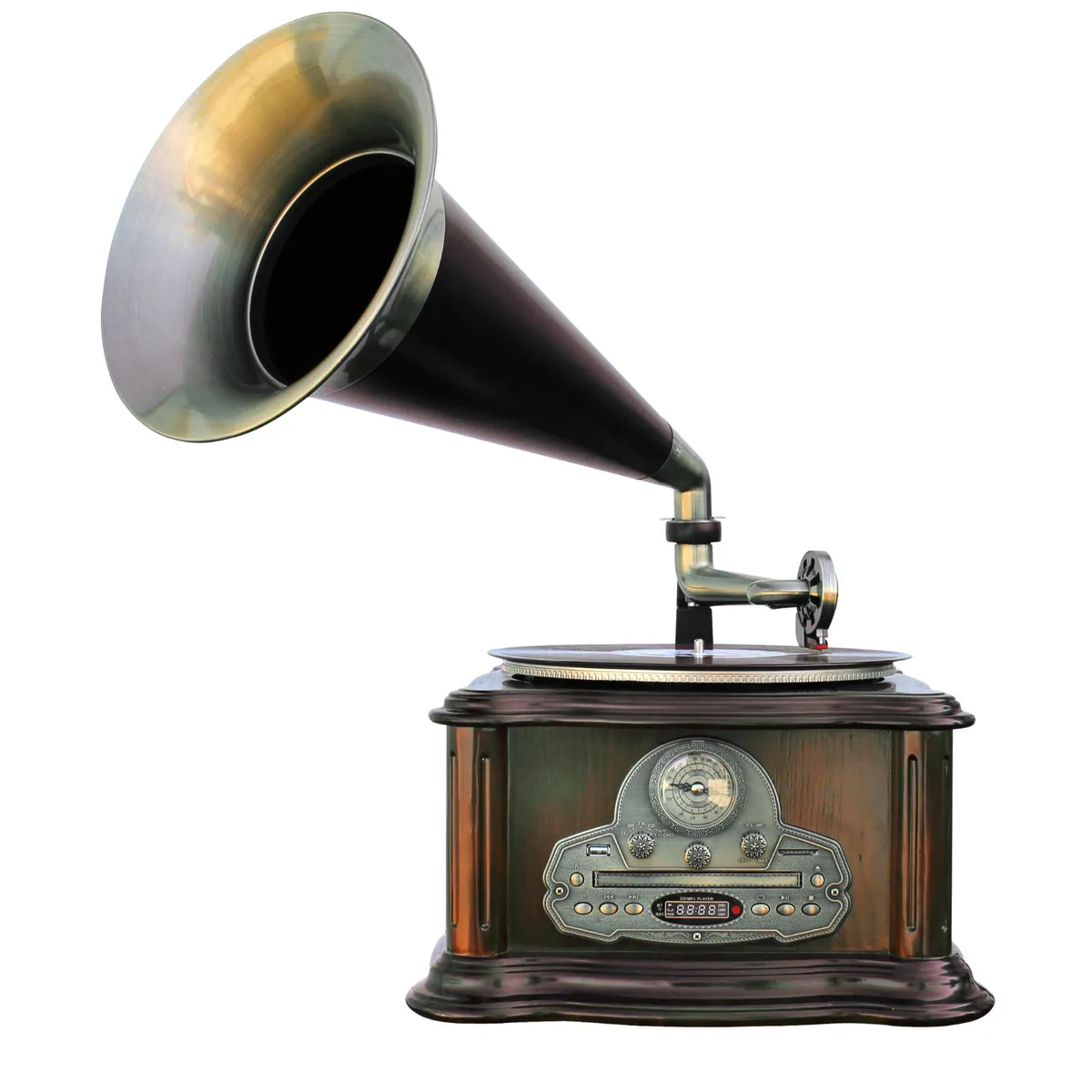 Soundmaster NR917 Retro Grammophon mit Plattenspieler (33/45/78 UpM), CD, Kassette, USB, Bluetooth, SD, Encoding – Digitalisieren von Schallplatten & Kassetten – Naturholzgehäuse