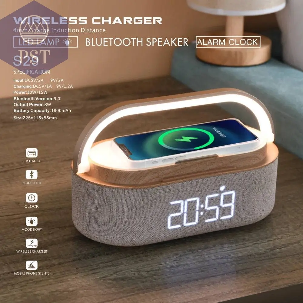 Wireless Fast Charger Digital Alarm Clock Bluetooth Speaker Snooze LED Display Bedroom Light Wireless Speaker Charging Stationr