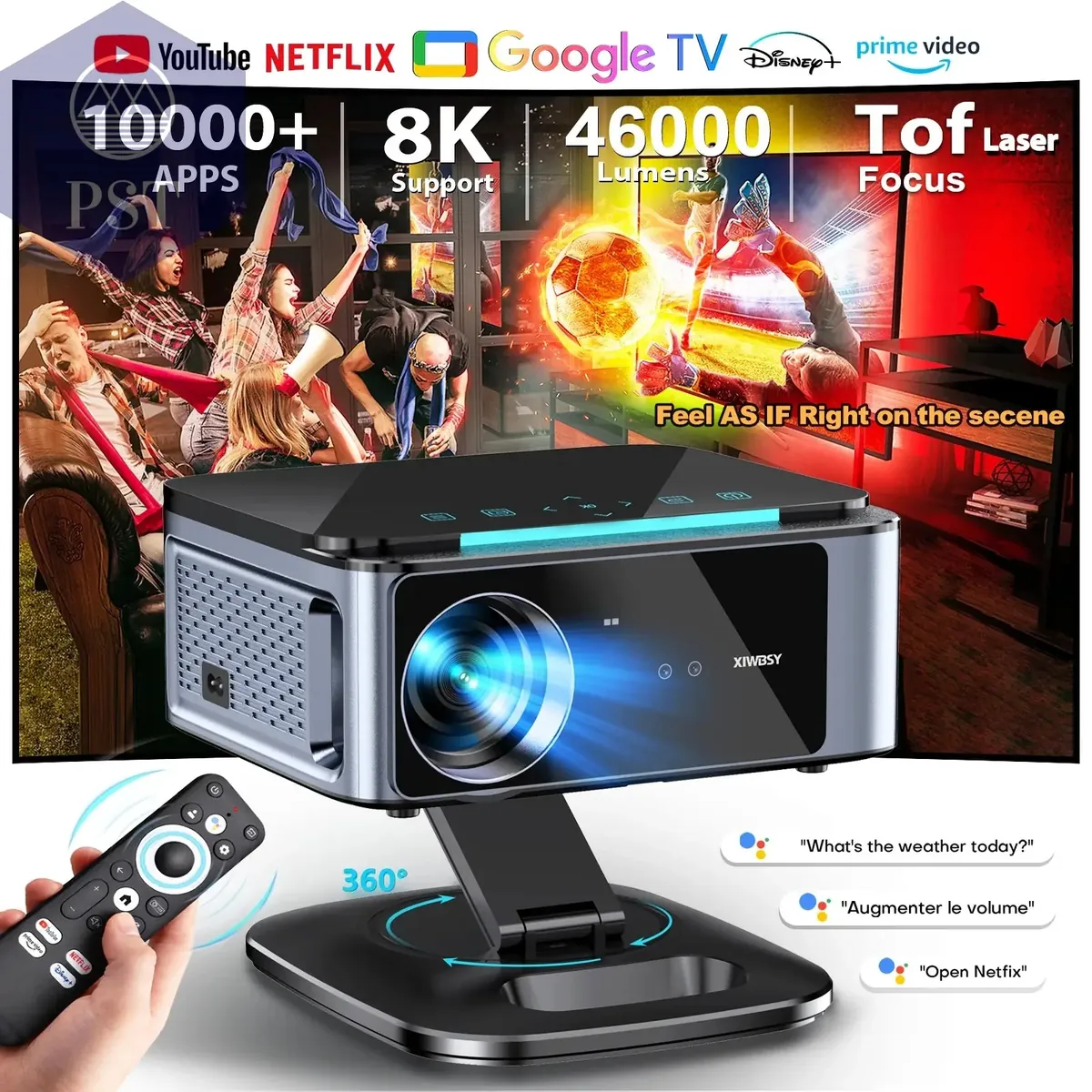 XIWBSY 4K Ultra HD Projectors 46000Lumens Home Theater Google TV Smart Projector TOF Laser Focus Projector Daylight Projector