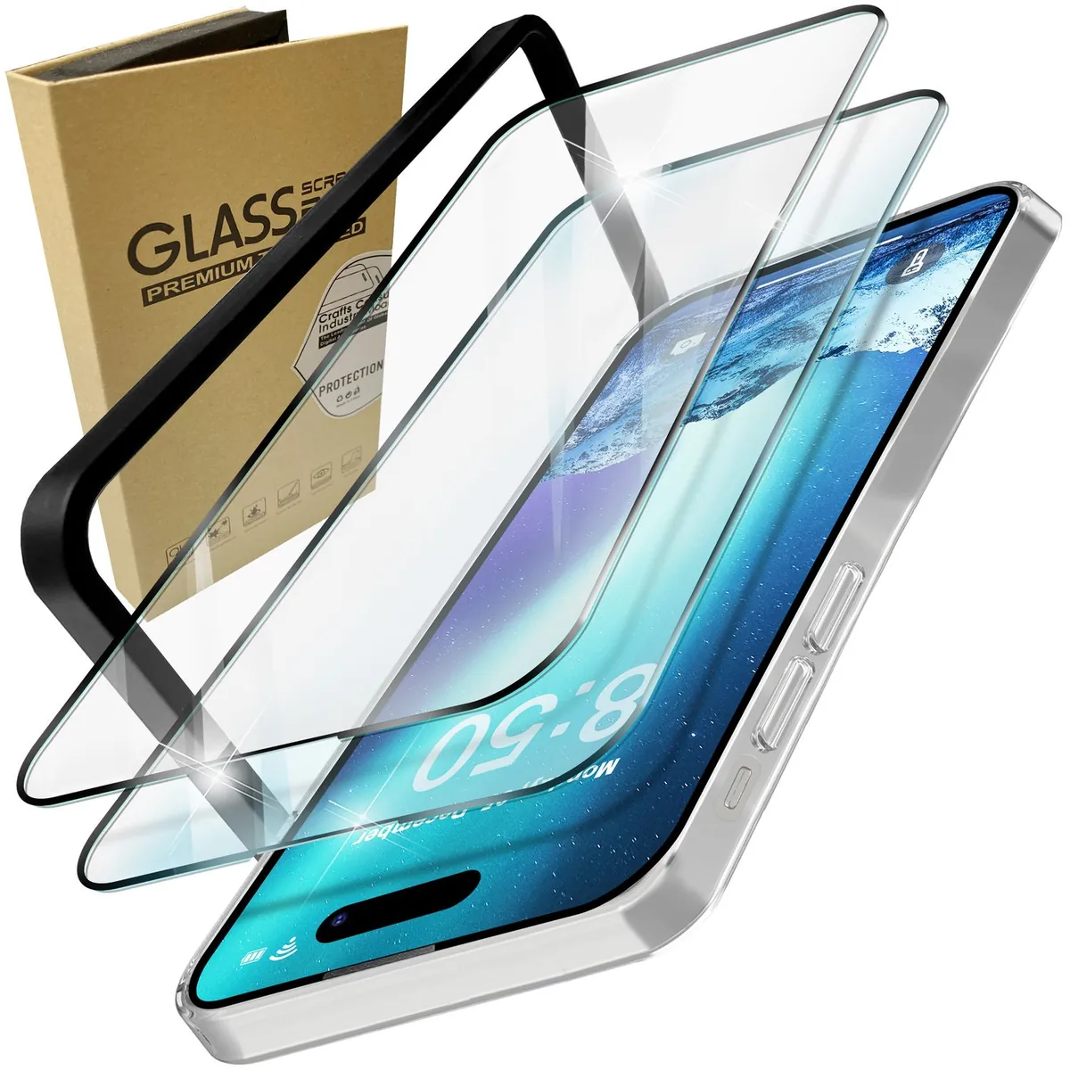 NALIA 2x Schutzglas & 1x Schablone - Set kompatibel mit iPhone 15 Plus Glas, 9H Full-Screen Glasfolie [Case-Friendly], Applikator einfache Installation, Transparenter Displayschutz mit schwarzem Rand