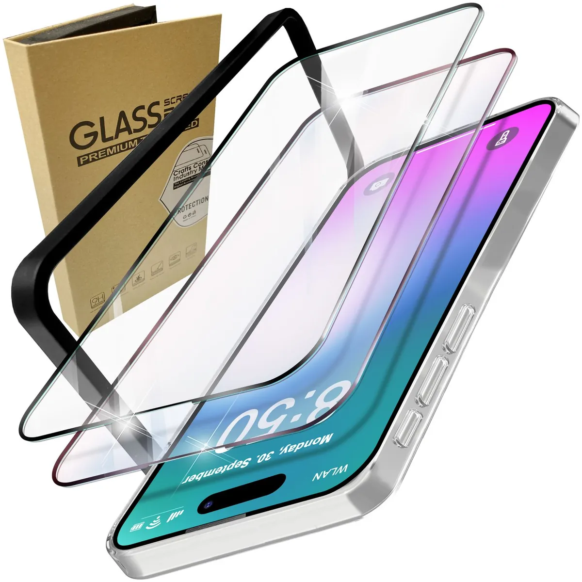 NALIA Set [3-in-1] 2x Schutzglas & 1x Montage-Rahmen kompatibel mit iPhone 16 Glas, Klar Panzer-Glas 9H Full Screen-Protector Gehärtete Glasfolie Display-Schutz & Zubehör für Einfache Installation