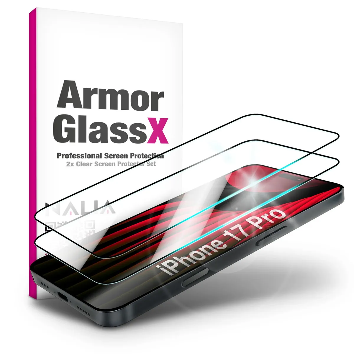 NALIA ArmorGlassX passend für Apple iPhone 17 Pro Glas (super klarer Displayschutz), 2x Schutzglas 9H Härte, Touch-sensitiv, Robust, Anti-Flecken, Splitterfrei, Case-kompatibel, schwarzer Rahmen