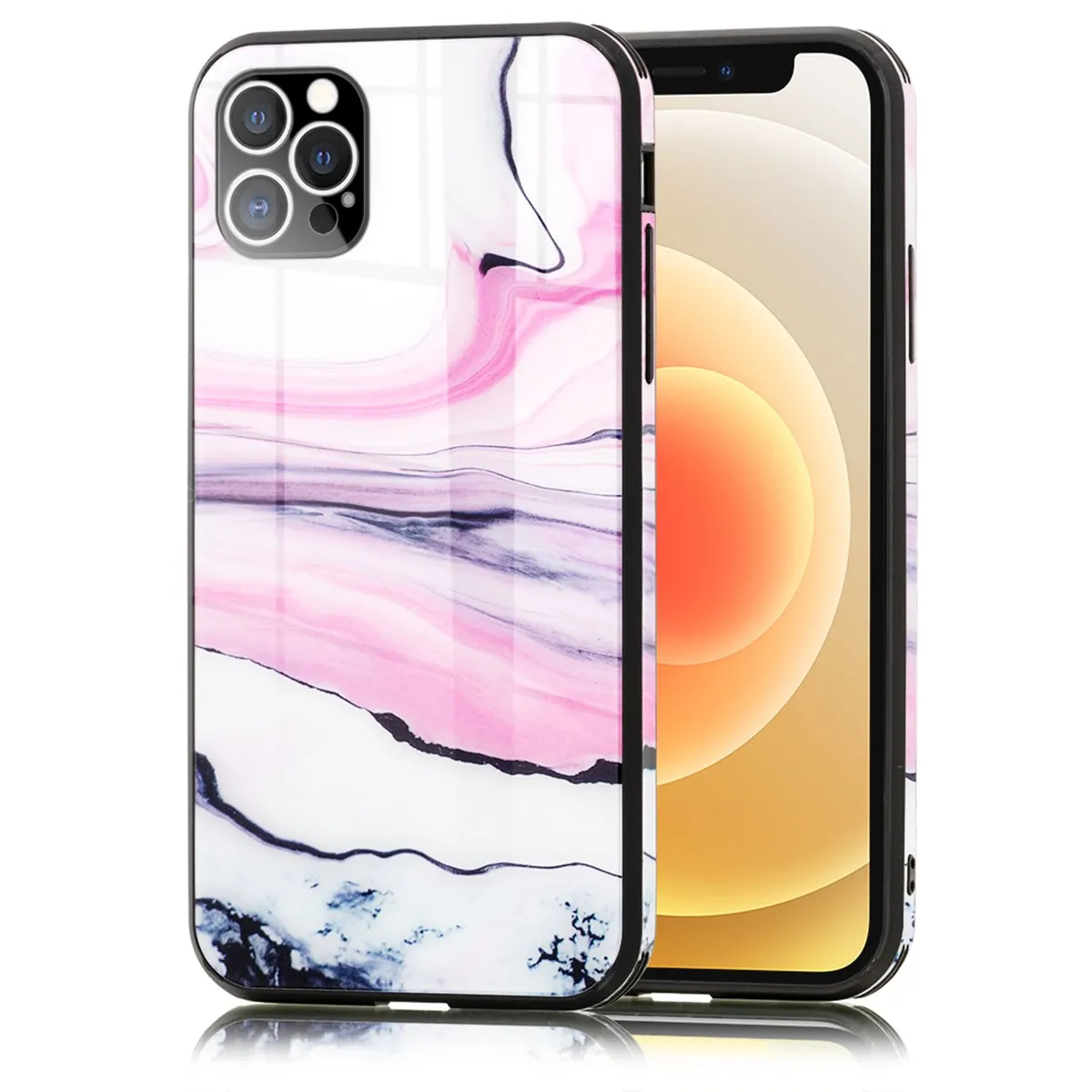NALIA Marmor Glas Case für iPhone 12 Pro Max – Robustes 9H Echtglas – MARBELLE (Silikon Bumper & Grip) – Marke aus Berlin