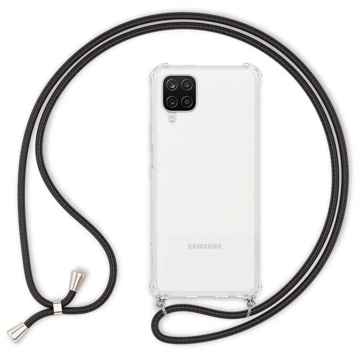 NALIA Handykette für Samsung Galaxy A12 – Transparentes Hybrid-Case & Band – HANGIT (Anti-Gelb Rückseite & Verstellbar) – Marke aus Berlin